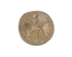 Tiberius mit Lorbeerkranz, sitzende weibliche Figur mit Zweig und langem Zepter, Denar, 14 -37 n. Chr.